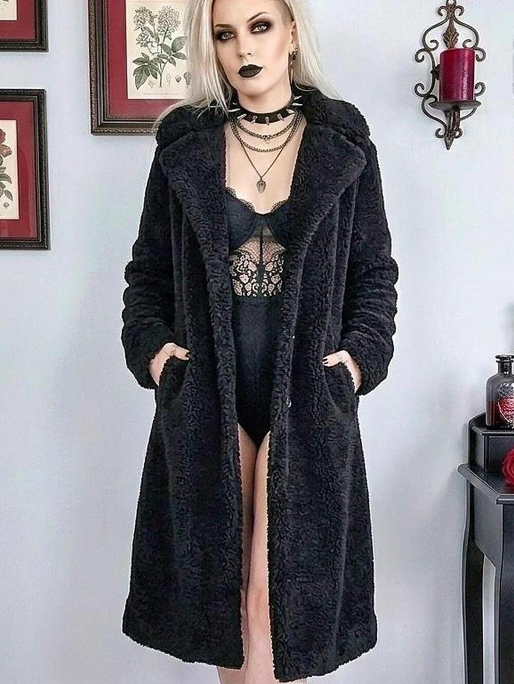 Notes Long Black Goth-Style Faux Fur Coat with Notch Lapel Size M